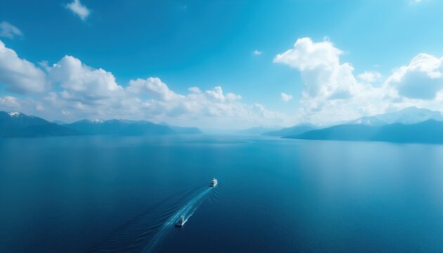 Two ships sail on deep blue water with snow cap mountains in background. Wide ocean expanse under bright blue sky and white clouds. Scenic seascape with natural topography and horizon.