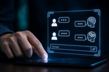 Obraz premium Person's finger interacts with a tablet displaying a glowing ai chatbot interface, symbolizing modern digital communication and support.