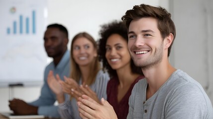 Obraz premium A diverse group of professionals celebrates success and collabo n in a modern business setting focusing on achieving financial goals