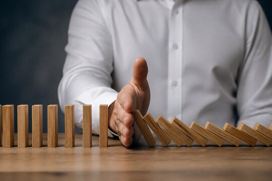 Person's hand actively intervenes to stop a chain of falling wooden dominoes, symbolizing risk prevention.