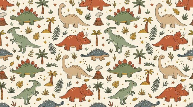 Cute Cartoon Dinosaur Seamless Pattern with Volcanoes and Palm Trees.