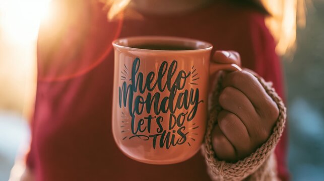 Person holding a mug with inspiring text and coffee, symbolizing a positive morning routine and new beginning