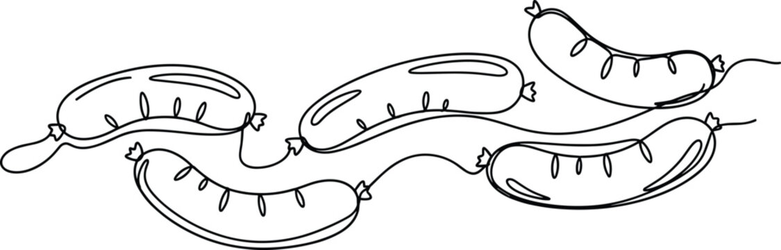 Minimalist continuous line art sausage pattern graphic with typography header black ink line illustration vector asset isolated on transparent background for local butcher shop menu design