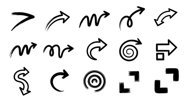 Hand drawn arrow icons and symbols collection - directional and pointer graphics with direction collection movement