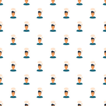 Thinking men with internal thoughts forming a repeating pattern on white background