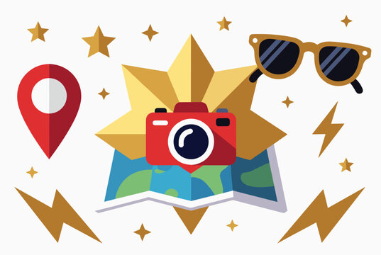 Travel composition featuring a red camera on a map surrounded by a location pin, sunglasses, stars, and lightning bolts.