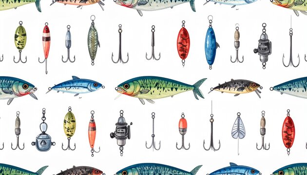 Variety of fishing lures and hooks seamless pattern in flat 2D illustration on white background