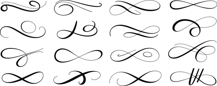 Flourish, calligraphy swirl set in elegant line art style with dividers underlines scrolls and decorative accents, vector illustration collection.