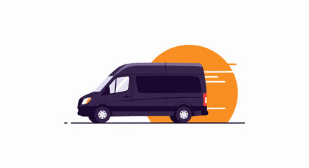 Fototapeta premium Minimalist Vector Illustration of a Fast Delivery Van on a Sunset Background - Express Shipping and Logistics Concept