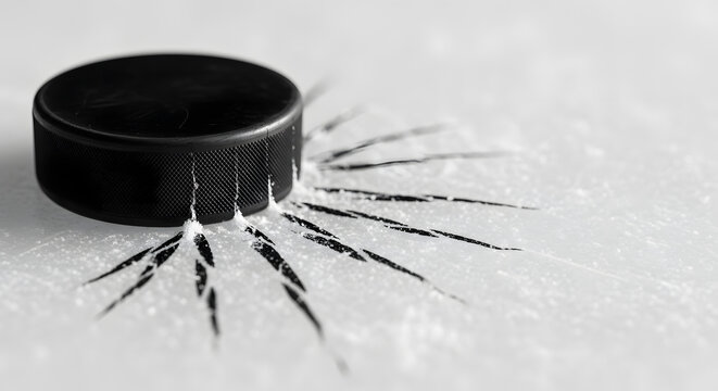 Hockey puck on ice surface cracks.