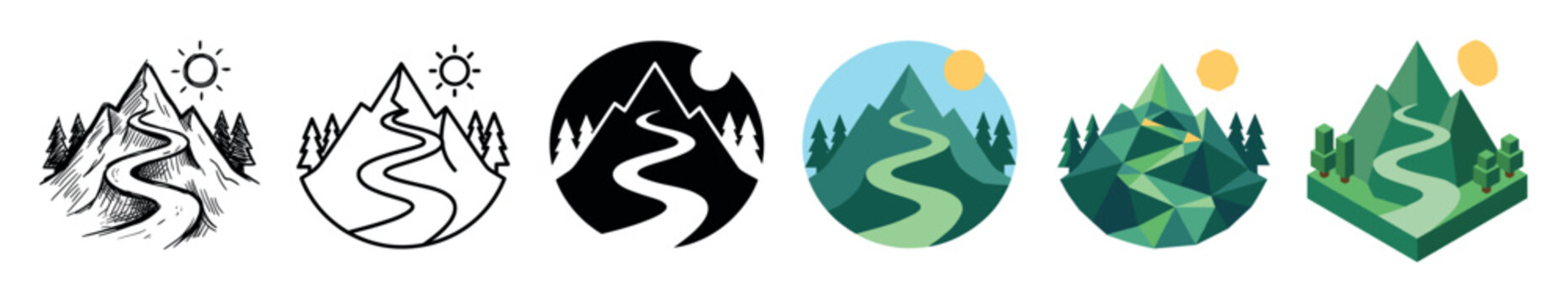 Mountain road path landscape icon set with sun and trees multi style icon set with hand-drawn, outline, silhouette, flat, polygonal, and isometric