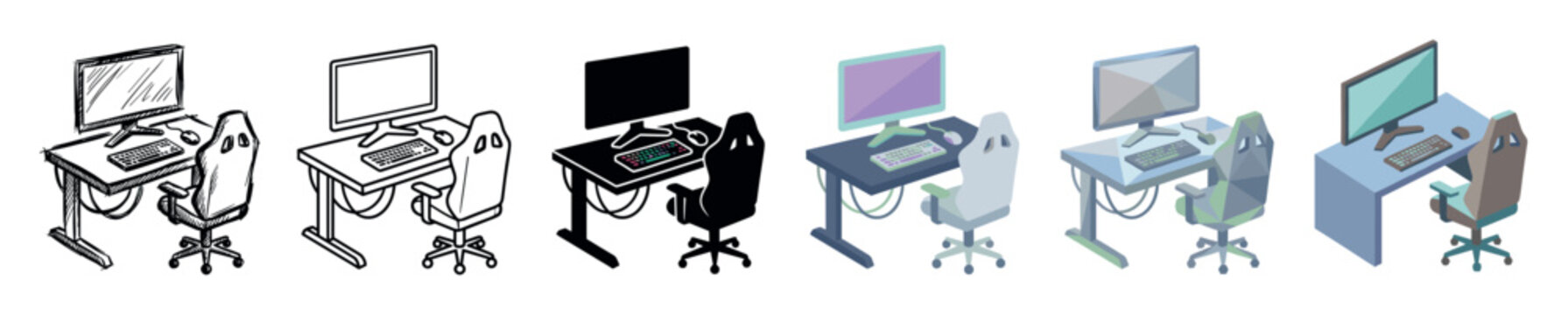 Gaming desk computer monitor keyboard mouse chair setup multi style icon set with sketch, outline, silhouette, flat, low poly, and isometric styles