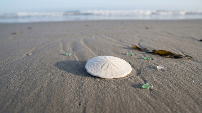 White sand dollar shell on sandy beach with sea glass and seaweed scattered around it