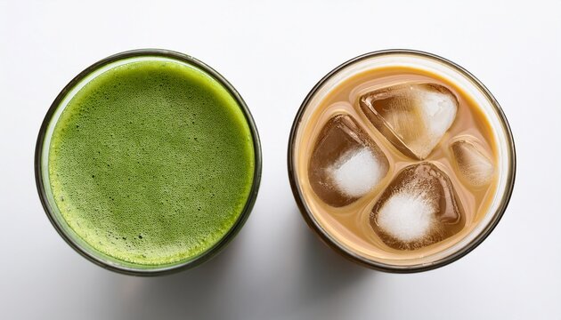 top down view of two refreshing cold beverages vibrant green matcha with froth and ice and creamy brown iced coffee or latte with ice in ribbed glasses against a white backdrop