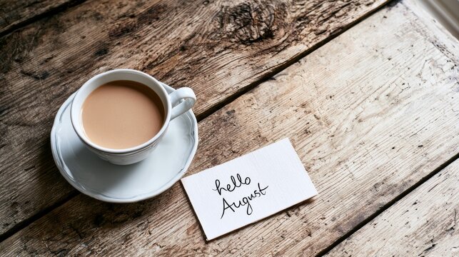 Coffee cup and hello August card on rustic wood, celebrating the new summer month with comforting drink