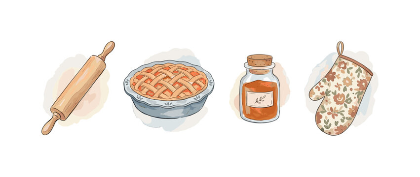 Autumn baking set with rolling pin, pie dish, cinnamon jar, and oven mitt shown as four separate simple objects across a wide