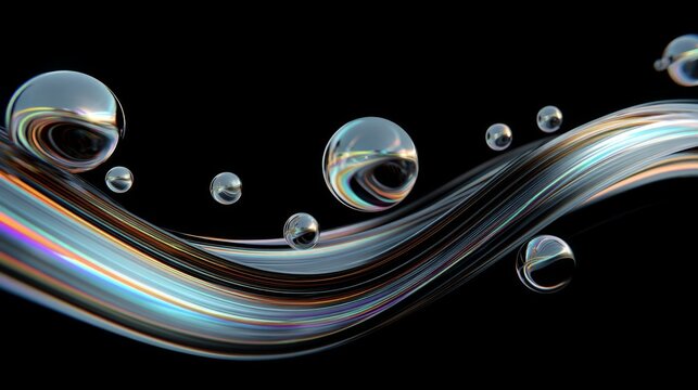 Holographic Ribbons and Chrome Spheres Floating in a Black Background with Colorful Reflections