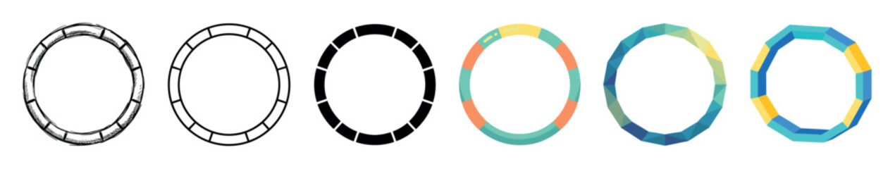 Naklejka premium Circular segmented ring multi style icon set with hand-drawn, outline, solid, flat, low poly, and 3D set