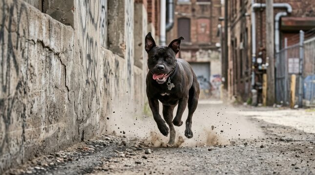 Energetic Black Dog Sprinting in Alley