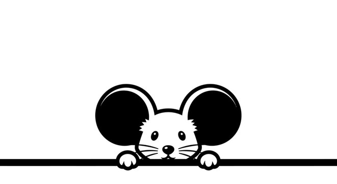 Curious Cartoon Mouse Peeking Over Line, Cute Animal Illustration