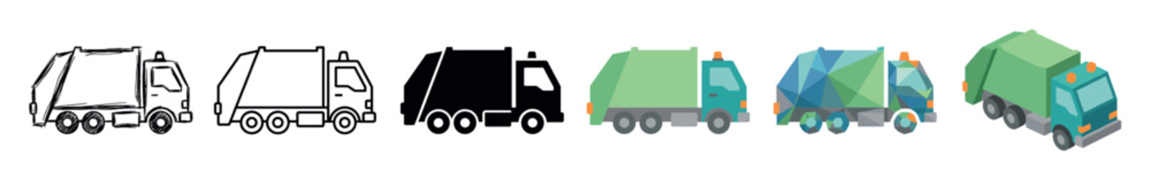Garbage truck vehicle multi style icon set with sketch, outline, solid, flat, low poly, and isometric designs for waste management concepts