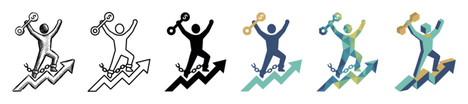 Person breaking chains with dollar key on rising arrow icon set, multi style icon set