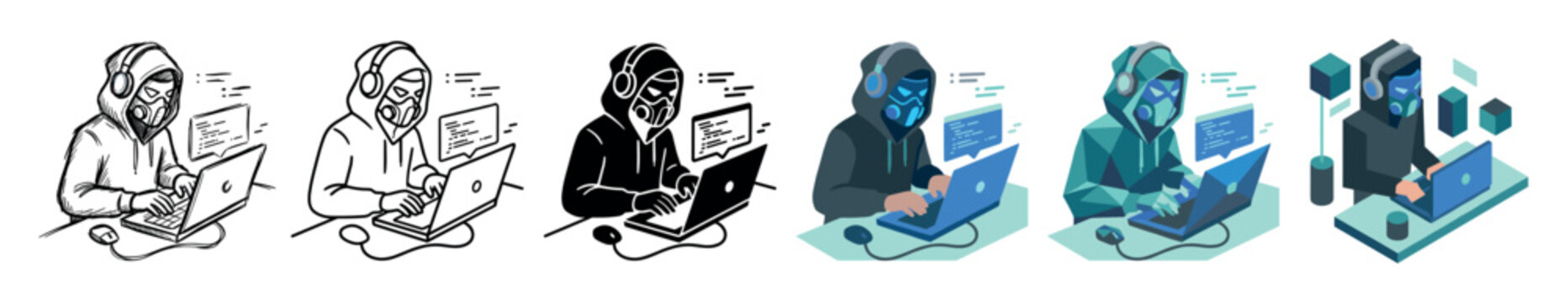 Hacker wearing a hoodie, headphones, and mask, typing on a laptop with code displayed, presented multi style icon set with sketch, line art, solid, flat, polygonal, and isometric vector