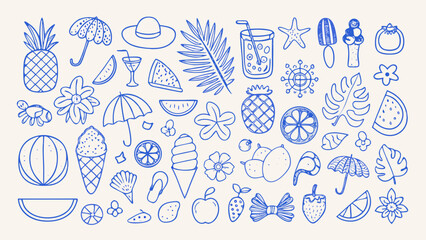 summer themed doodles and sketches a collection of hand drawn tropical fruits flowers and beach elements © SayanKumar