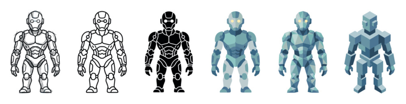 Robot android cyborg character multi style icon set with sketch, outline, solid, flat, low poly, and isometric