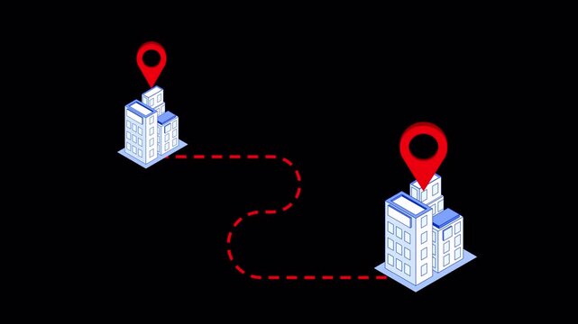 Animated Isometric Route Map with Red GPS Pins and Dashed Path