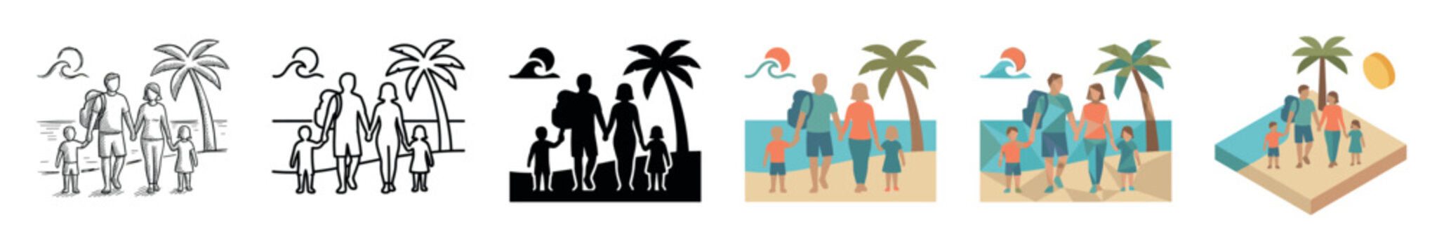 Family parents children walking beach palm tree sun wave multi style icon set with sketch, outline, silhouette, flat, low poly, and isometric styles