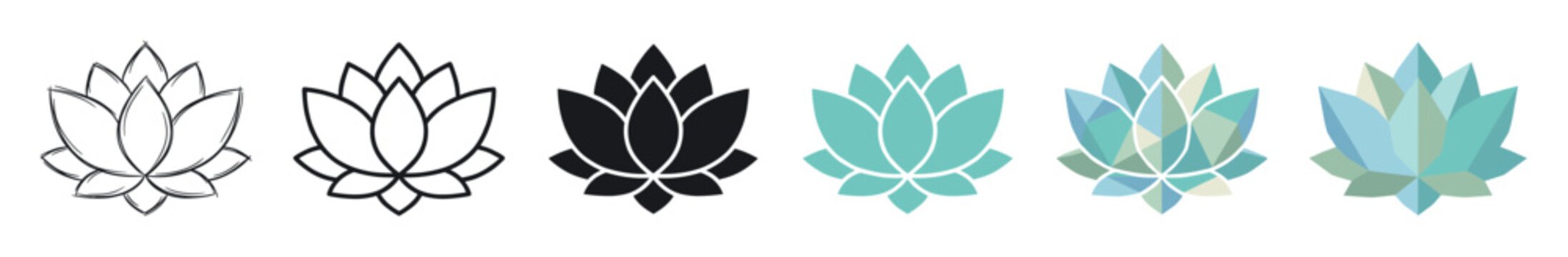 Lotus flower multi style icon set with hand-drawn sketch, outline, solid, flat, and geometric polygon designs, set