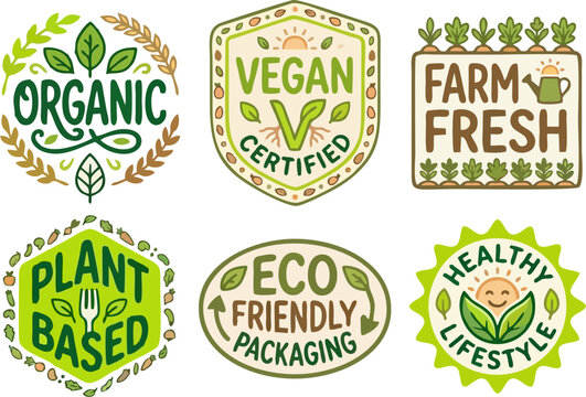 Organic Vegan and Eco Friendly Food Badge Label Set &mdash; Modern Flat Cartoon Vector Illustration with Organic, Vegan Certified, Farm Fresh, Plant Based, Eco Friendly Packaging and Healthy Lifestyle Stamp