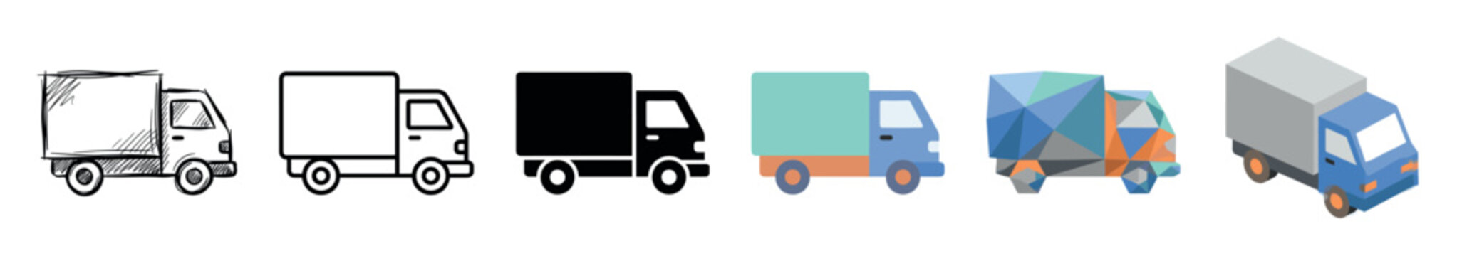 Delivery truck multi style icon set with sketch, outline, solid, flat, low poly, and isometric styles for transportation and logistics concepts