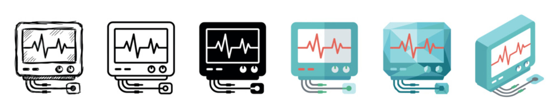 Medical heart rate monitor machine icons with electrocardiogram heartbeat line multi style icon set with doodle, outline, glyph, flat, polygonal, and isometric
