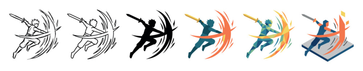 Fototapeta premium Warrior character with sword attacking multi style icon set with outline, silhouette, flat, low poly, and isometric styles for game design