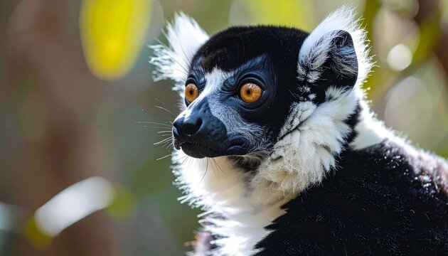 Black-and-white ruffed lemur close-up portrait with striking fur contrast in natural habitat