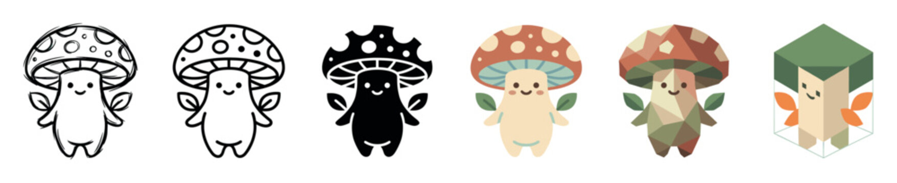 Mushroom character multi style icon set with sketch, outline, solid, flat, low poly, and isometric styles