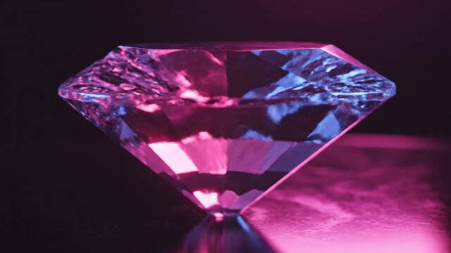 A large faceted crystal gemstone illuminated with vibrant pink and blue studio lighting against a dark background, featuring sharp edges, internal light refraction, and a reflective base.