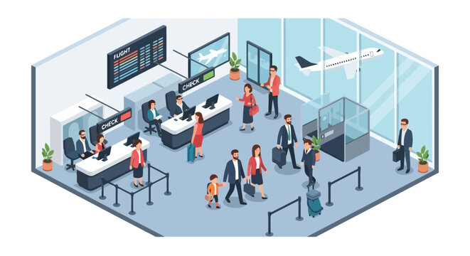 Isometric airport terminal with passengers and staff at check-in and security.