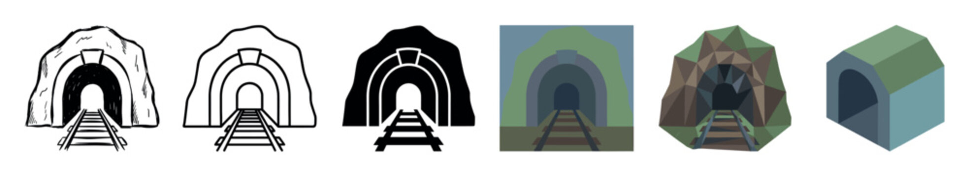 Tunnel entrance with railway tracks multi style icon set with hand drawn, outline, solid, flat, low poly, and isometric