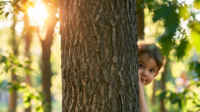 Young child peeking from behind a tree trunk, playing hide and seek in sunlit park, finding nature joy