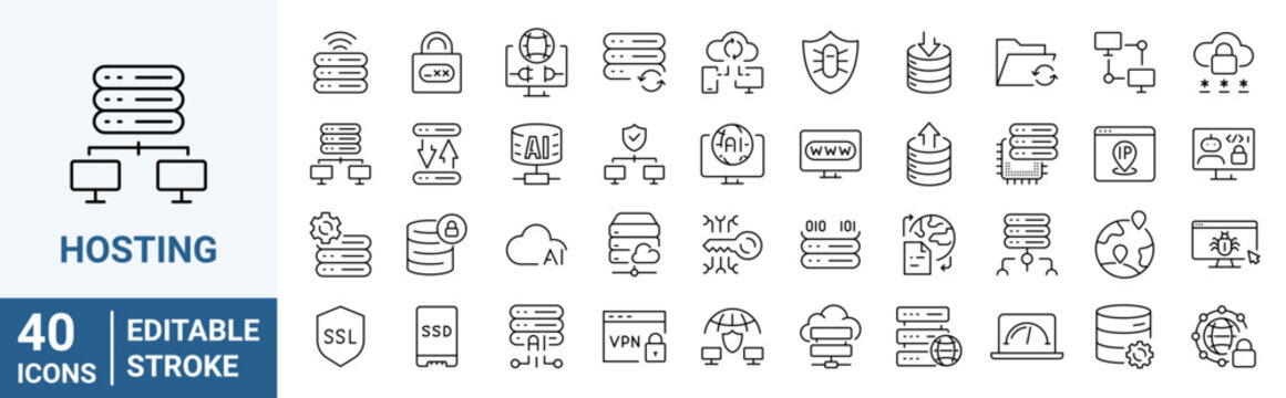 Hosting web icons in line style. Backup, hosting, transfer, domain, data, cloud service, website. Editable stroke. Vector illustration.