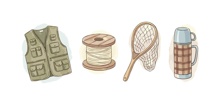 Canvas fishing vest, line spool, landing net, and a thermos of tea shown as symbolic vintage drawings arranged horizontally, soft