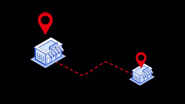 Animated Isometric Route Map with Two Store Locations, GPS Pins and Dashed Path &ndash; Transparent Background