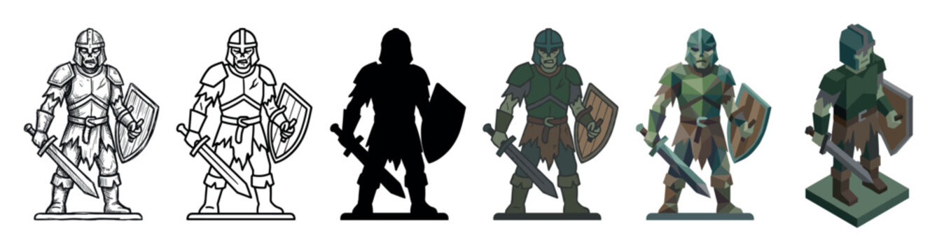 Fantasy warrior zombie character with sword and shield multi style icon set with hand-drawn, outline, silhouette, flat, low poly, and isometric styles