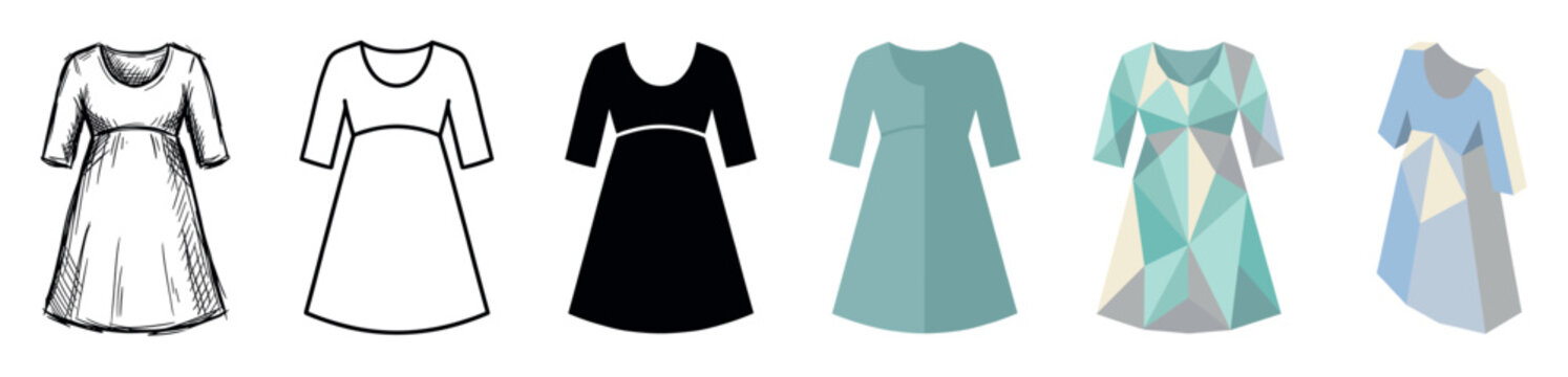 Maternity dress multi style icon set with sketch, outline, solid, flat, polygonal, and isometric styles for fashion design