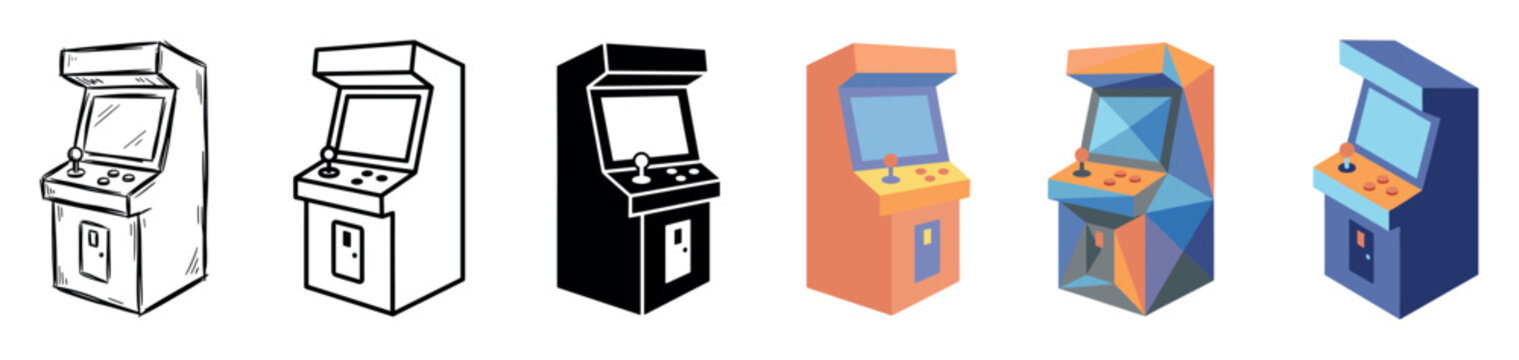Arcade game machine joystick buttons screen multi style icon set with hand-drawn, outline, solid, flat, and isometric polygonal designs
