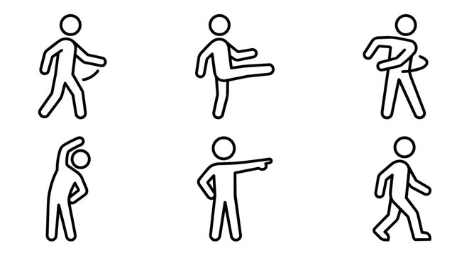 Man physical activity stick figure icon set vector. Fitness exercise steps, warm up stretching, body training and basic human postures concept illustration