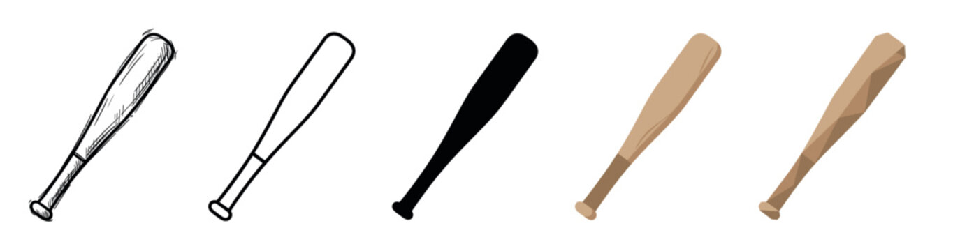 Baseball bat sketch outline silhouette flat low poly multi style icon set for sports equipment